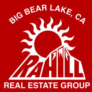 The logo for Rahill Real Estate Group at Big Bear Lake, CA, featuring a white mountain peak and sun on a red background.