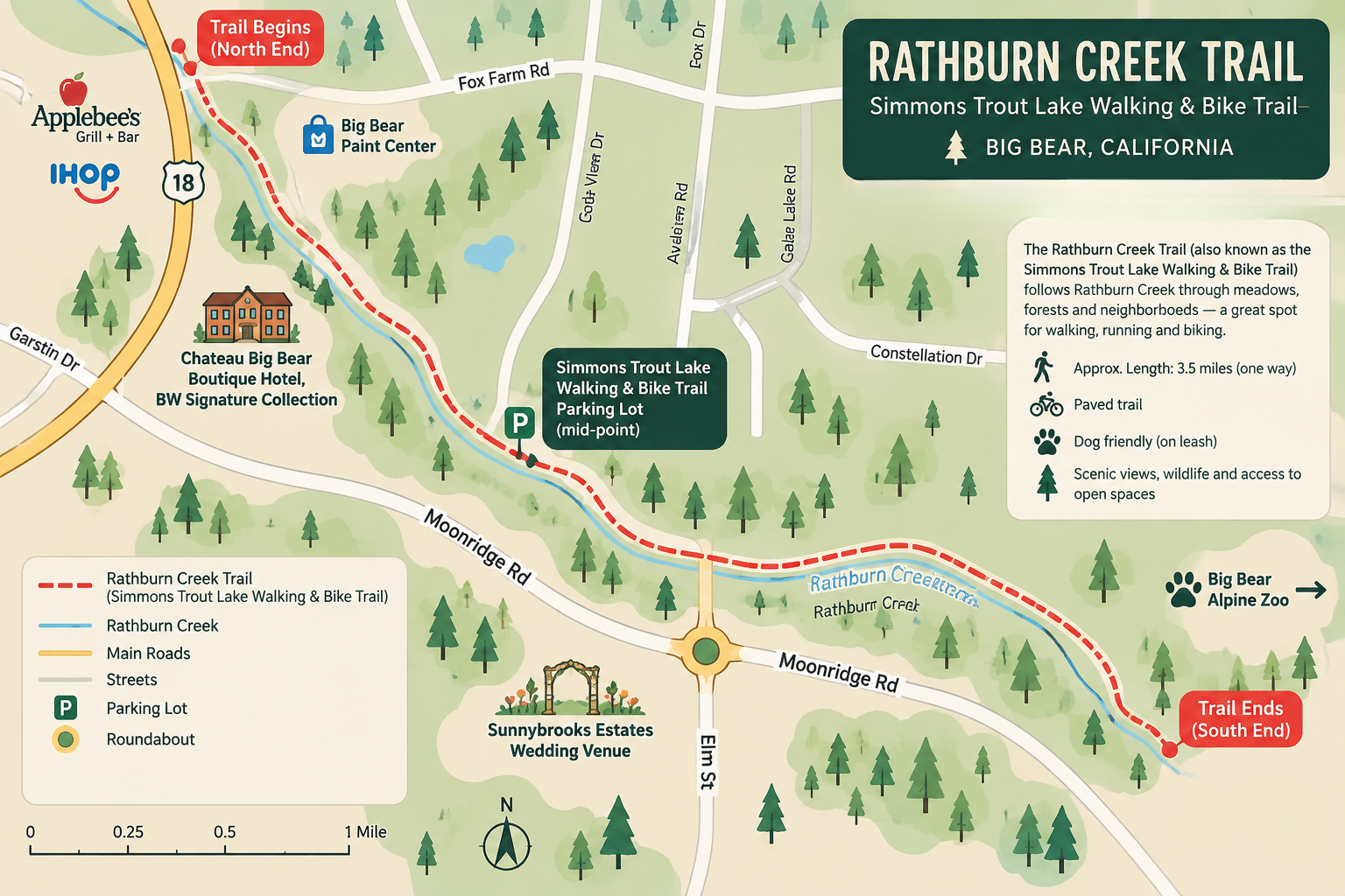 Map showing Rathburn Creek Trail walking and bike route in Big Bear, California