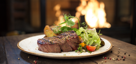 Steak by fireplace