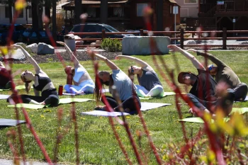 A group of people performing side stretch yoga poses on mats outdoors in Big Bear.