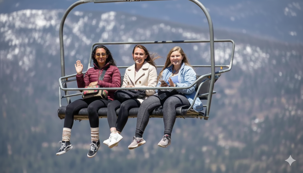 Three girls sitting on a ski lift, enjoying the snowy views of Big Bear Lake in the background.