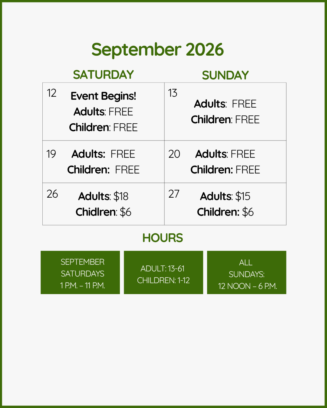 September 2026 event calendar showing admission prices, dates, and operating hours