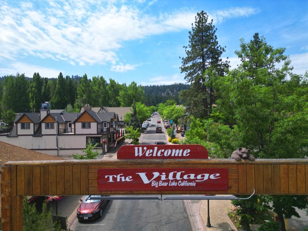 Welcome sign at The Village in Big Bear Lake, California, overlooking the downtown shopping and dining district.