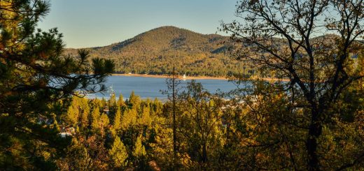 Scenic mountain lake view surrounded by pine trees and forest landscape under a clear sky.