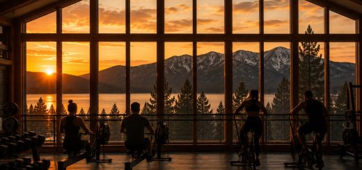 Indoor fitness studio with people exercising on stationary bikes facing large floor-to-ceiling windows overlooking mountains, lake, and a golden sunset sky.