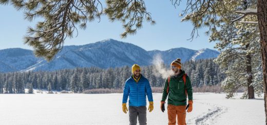 Two men snowshoeing in winter in an open area with a mountain behind them