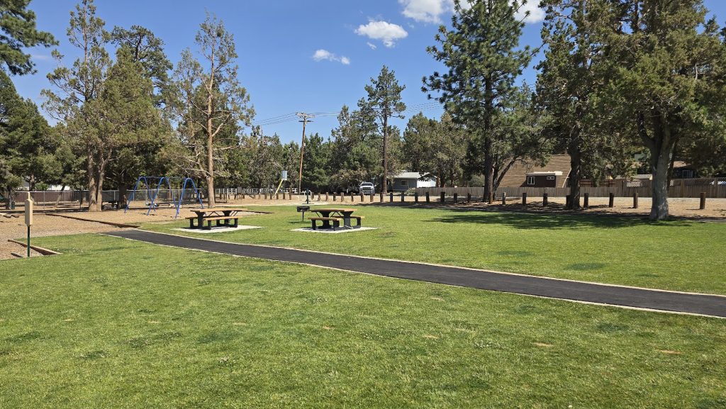 Open grassy park area with picnic tables, paved walking path, swing set playground, and tall pine trees under a clear blue sky in a mountain neighborhood setting.