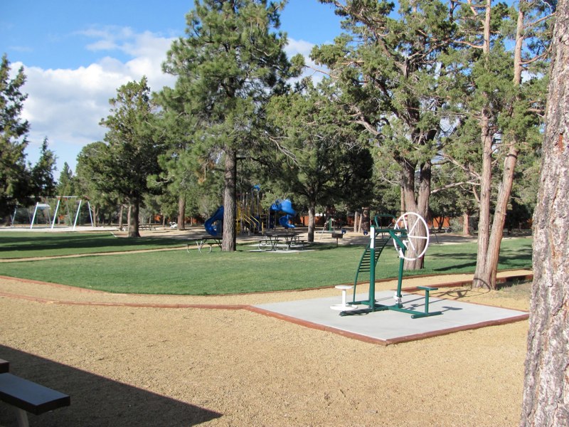 Walking path in Sugarloaf Park with exercise equipment, playground structures, and tall pine trees surrounding an open grassy recreation area under a clear sky.
