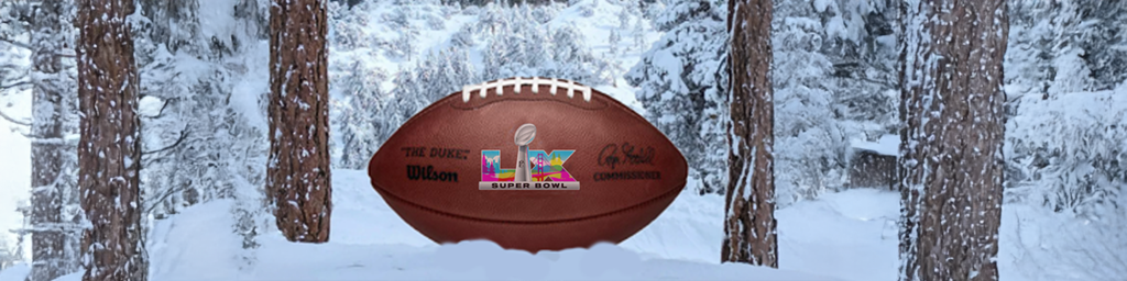 A promotional image with a snow-covered mountain landscape and a "Wilson The Duke" football with a Super Bowl LVI logo. The text "Destination Big Bear" is written in cursive font over the landscape.