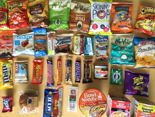 A photo is shown of a collection of various snack bags and candy bars, suggesting they are for a vacation snack bag in Big Bear.