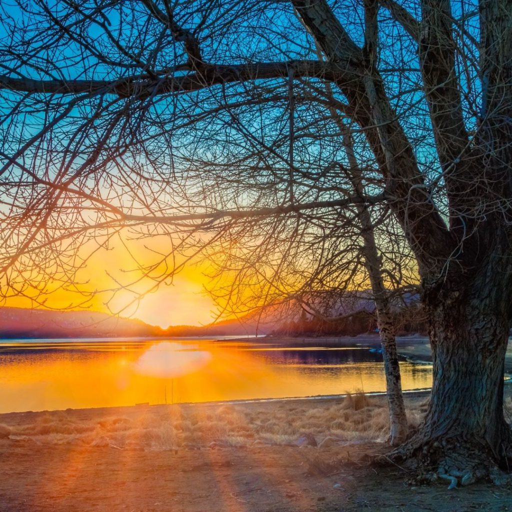 A beautiful photo of a fiery sunset over Big Bear Lake is shown, with the sun's reflection on the water and the silhouette of a bare tree in the foreground.