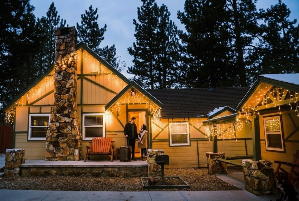A man and woman entering a cabin in the mountains in the evening. The cabin s lit with yellow Christmas lights glowing on the roofline.