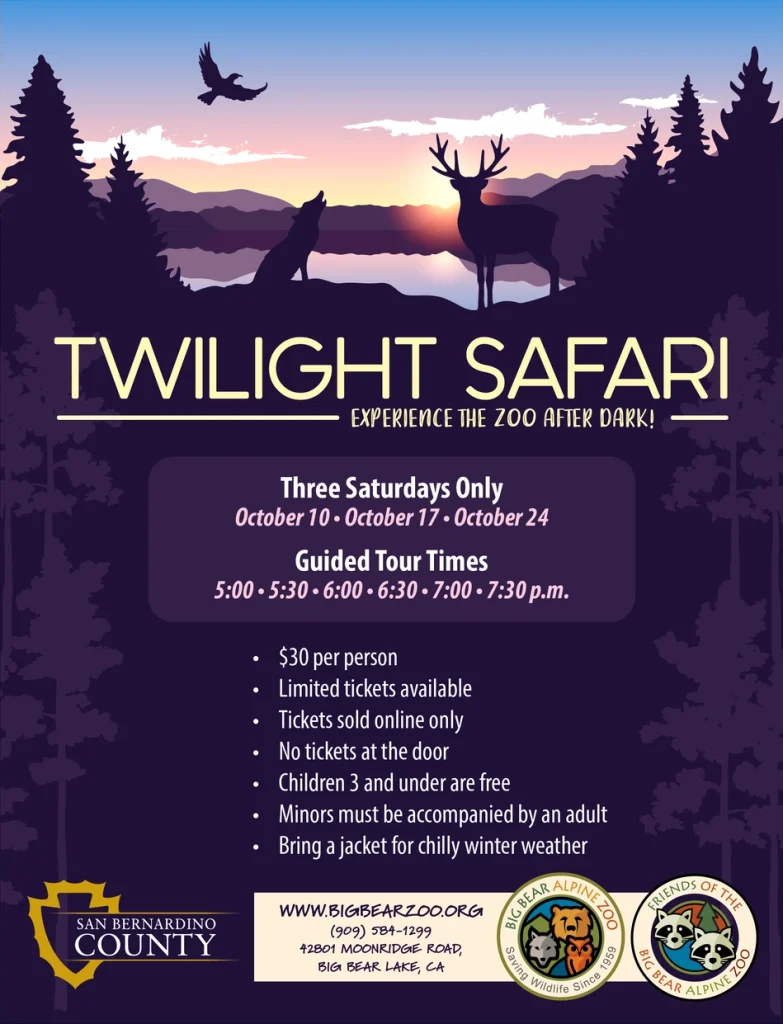 Twilight Safari event poster featuring Big Bear Alpine Zoo, guided evening tours, October dates, ticket details, and wildlife silhouettes
