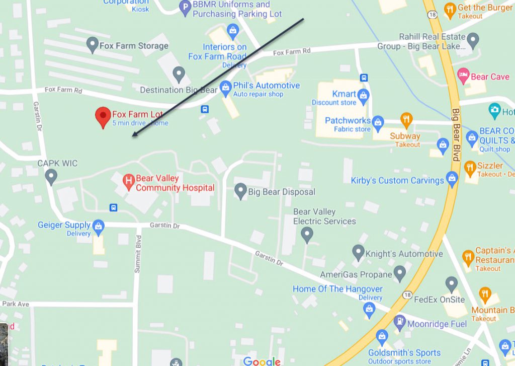 A Google Maps screenshot of a route to "Destination Big Bear" from a red pin at "Fox Farm Lot".