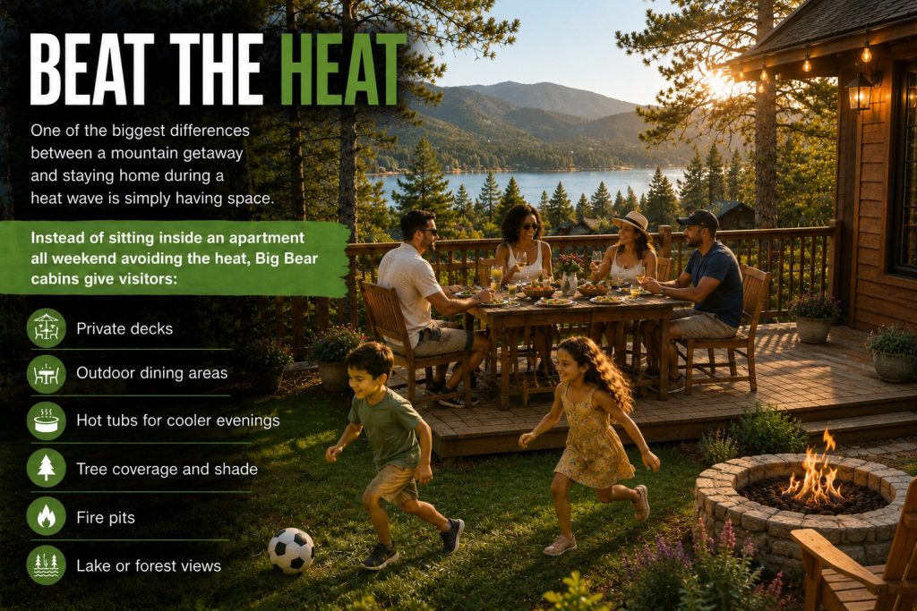 Family enjoying an outdoor cabin deck with lake views, fire pit, and mountain scenery during summer