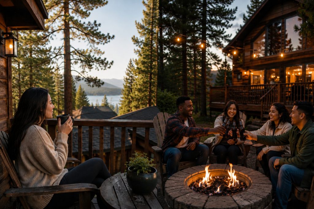 Group relaxing around an outdoor fire pit near a mountain cabin with lake views during sunset