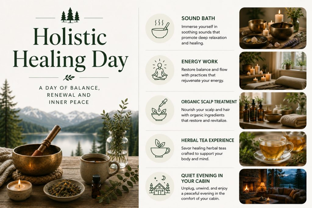 Holistic wellness itinerary graphic showing sound baths, herbal tea, organic treatments, and relaxation activities in Big Bear
