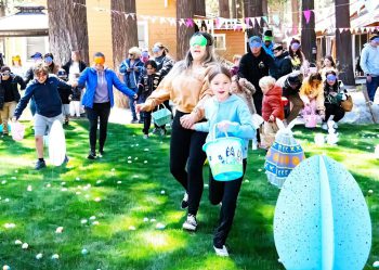 Families and children participating in Easter egg hunt at Big Bear Lake