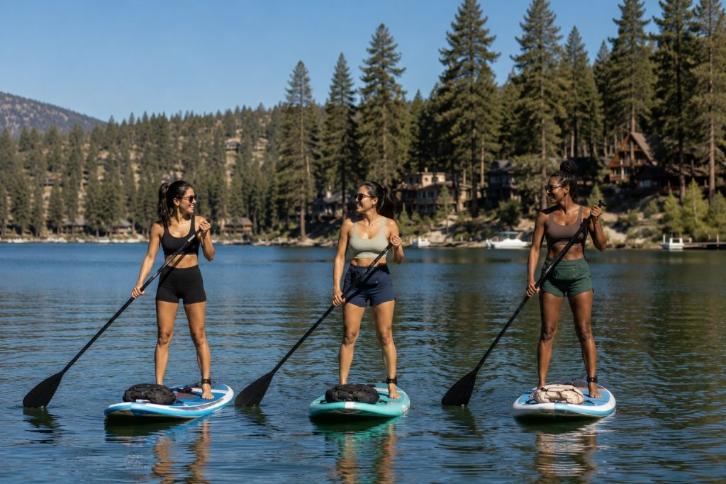Three people paddleboarding on a calm mountain lake surrounded by pine trees and lakeside cabins