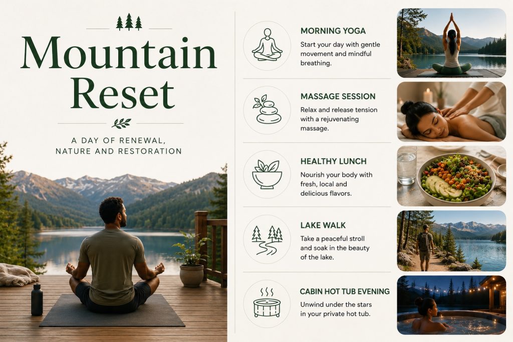 Mountain reset wellness itinerary graphic featuring yoga, massage sessions, healthy food, lake walks, and hot tub relaxation in Big Bear