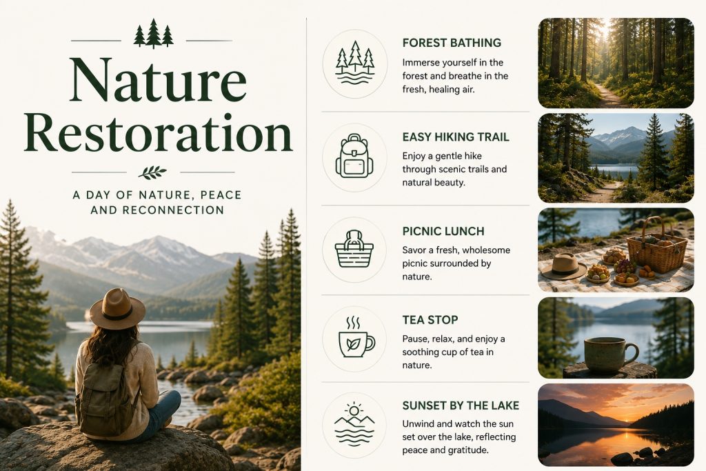 Nature restoration itinerary graphic featuring forest bathing, hiking, tea stops, picnics, and sunset lake experiences in Big Bear