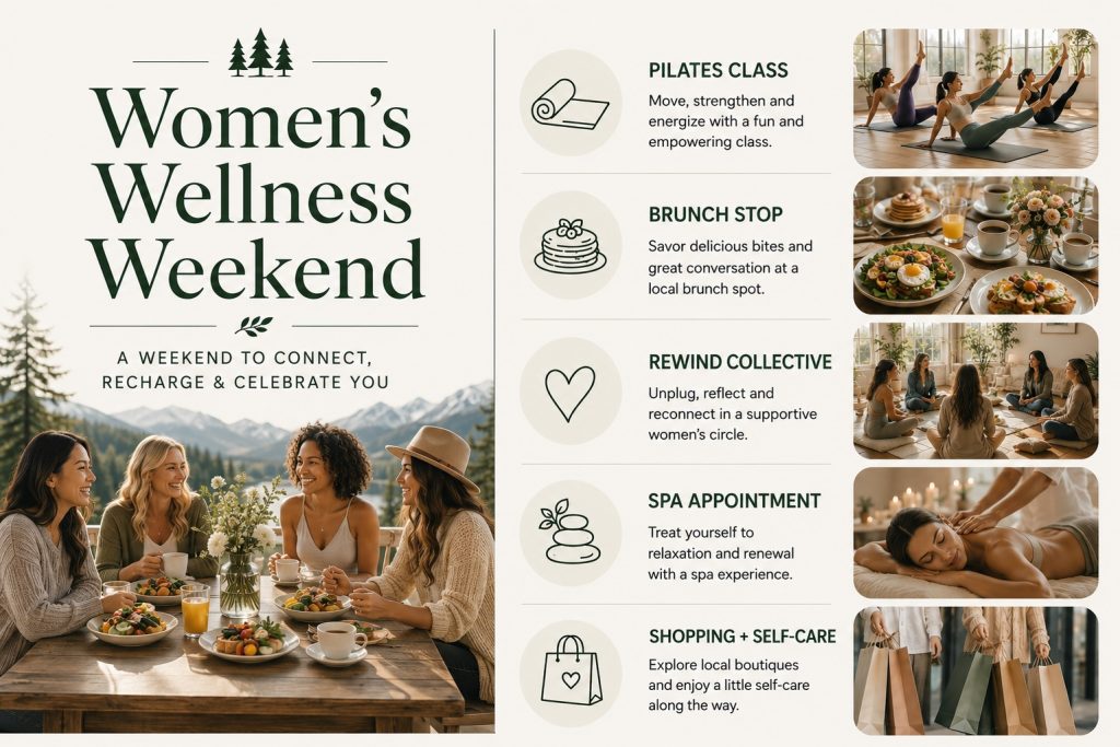 Women’s wellness weekend itinerary graphic featuring pilates, brunch, spa treatments, self-care activities, and relaxation experiences in Big Bear