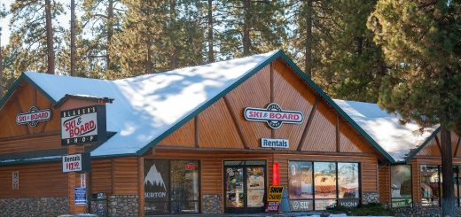 Blauer Ski & Board Shop storefront during winter with snow-covered surroundings in Big Bear Lake.