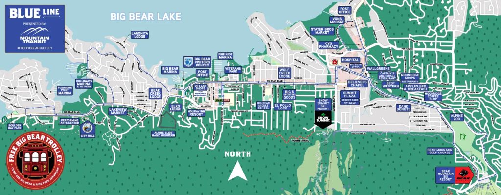 Map displaying the Blue Line route for the Big Bear Trolley, showing key locations such as Big Bear Marina, Alpine Slide, and other popular destinations in Big Bear Lake.