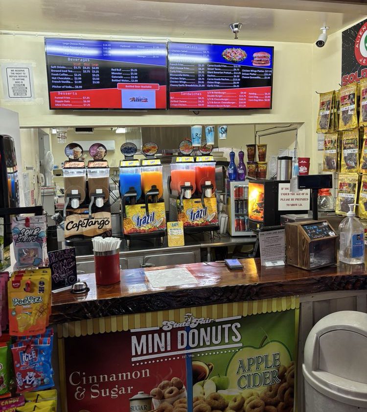 Food and drink counter with menu at The Bowling Barn Big Bear
