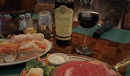 prime rib steak with wine and seafood platter at Captain’s Anchorage Big Bear Lake