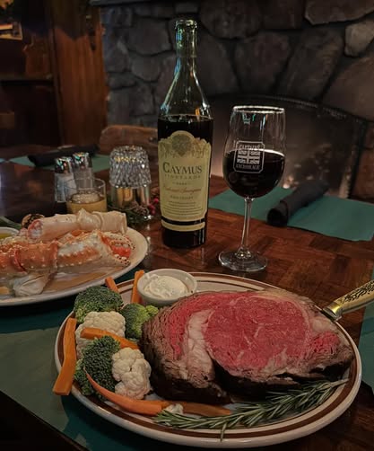 prime rib steak with wine and seafood platter at Captain’s Anchorage Big Bear Lake