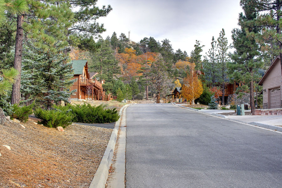 Castle Glen neighborhood street with mountain cabins, pine trees, and scenic forest surroundings