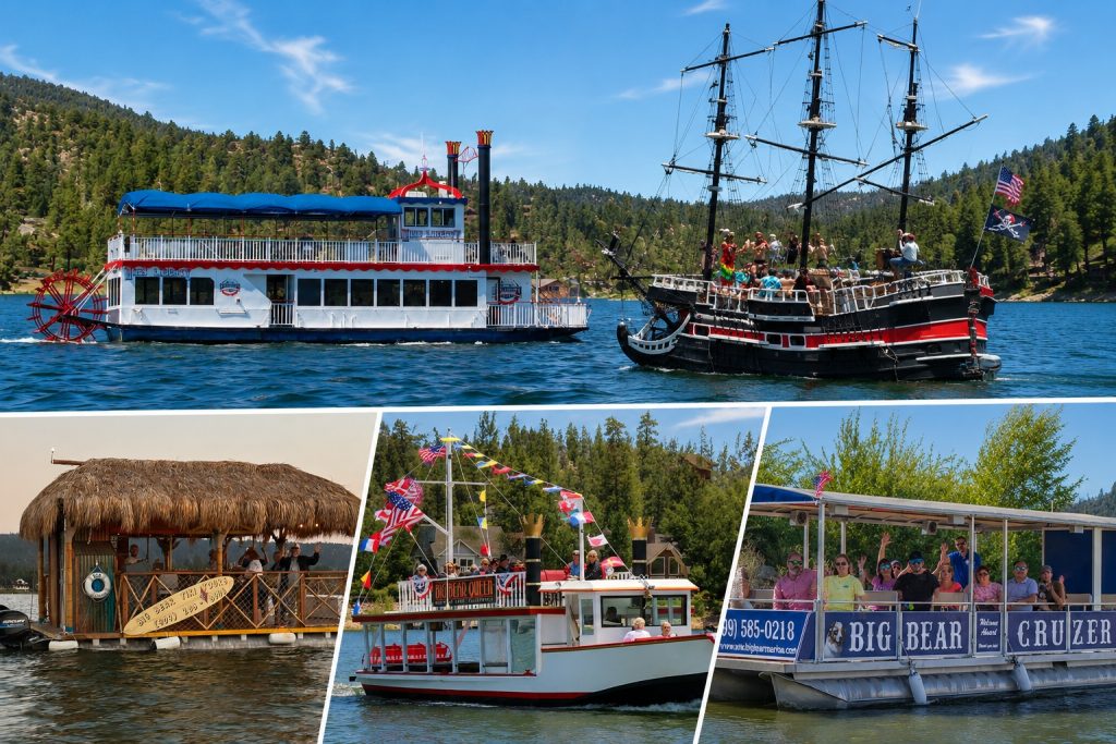 Collage showing popular boat tours and lake cruises in Big Bear including pirate ships, paddlewheel boats, tiki boats, and sightseeing cruises.