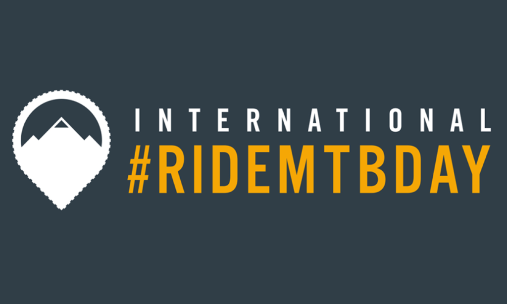 A group of mountain bikers celebrating International Ride MTB Day in Big Bear, surrounded by scenic trails and nature.