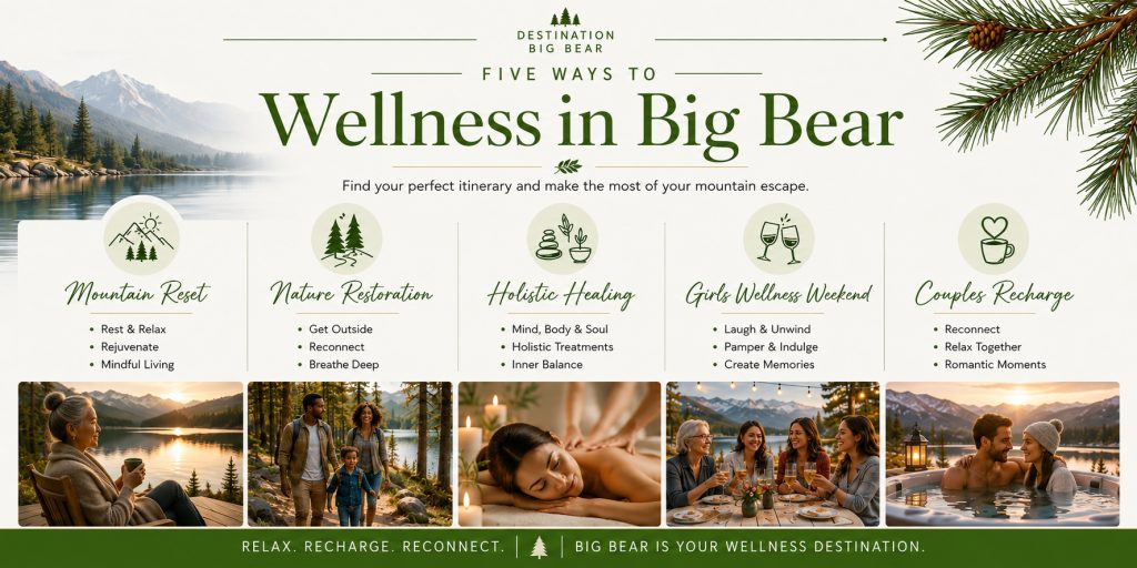 Infographic showing five wellness experiences in Big Bear including relaxation, nature activities, holistic healing, girls weekends, and couples retreats