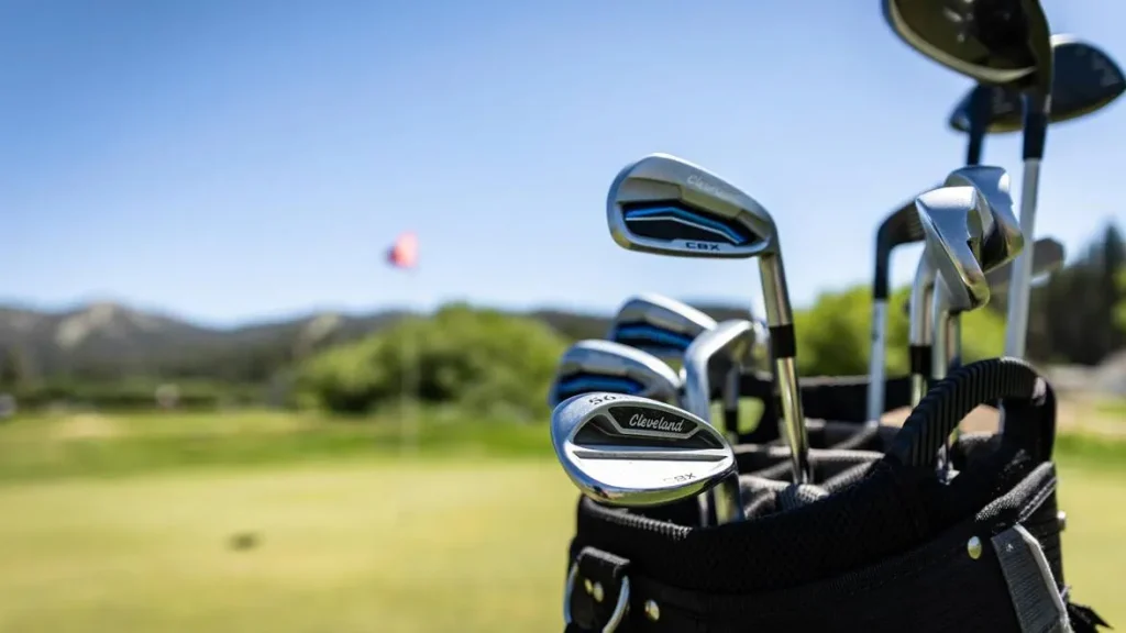 Golf clubs in a bag on a golf course during the Golf Demo Day at Bear Mountain, Big Bear.