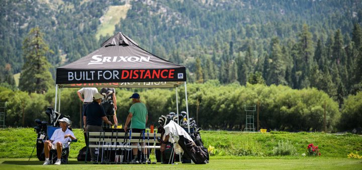 Close-up view of Srixon ZX series golf clubs and irons arranged for demo at Bear Mountain Golf Course.