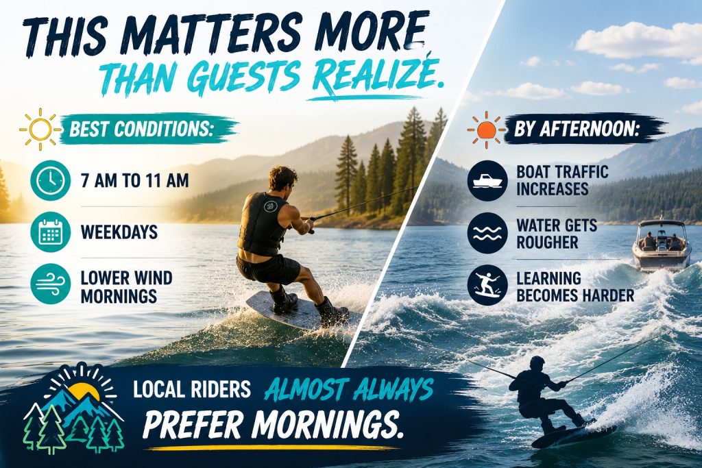 Informational graphic explaining why mornings are the best time for wakeboarding on Big Bear Lake compared to afternoon conditions