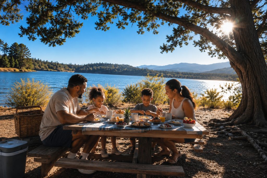 Family enjoying an outdoor picnic beside a mountain lake surrounded by trees during a sunny day