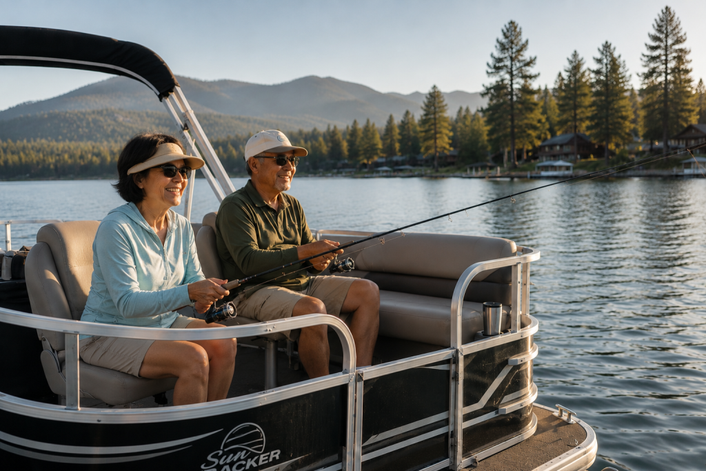 Couple fishing from a pontoon boat on a peaceful mountain lake surrounded by pine trees and cabins