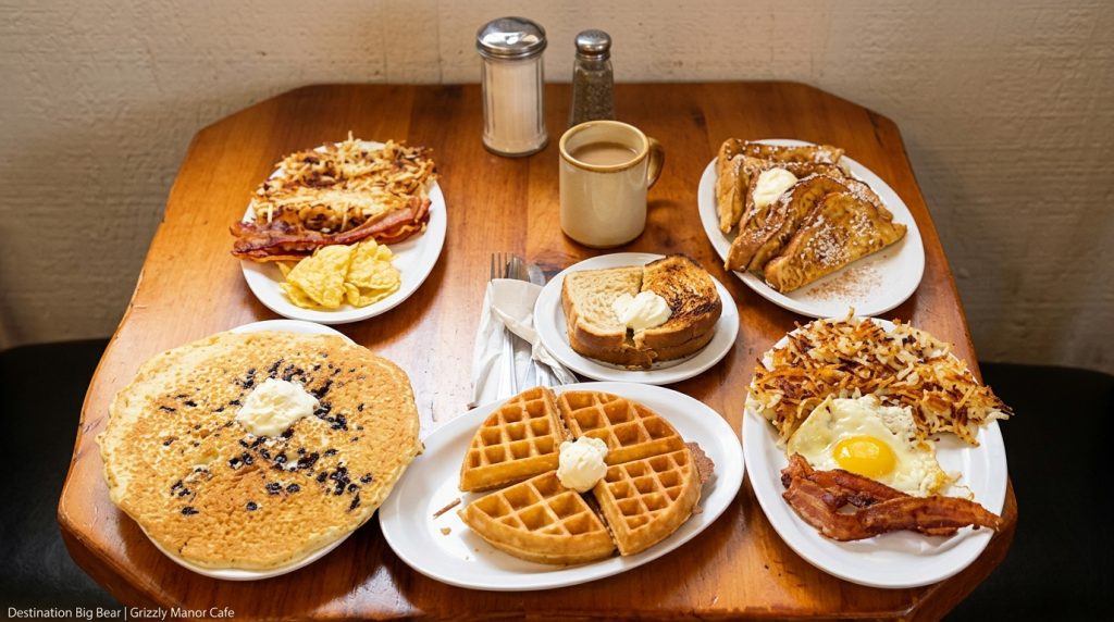 Breakfast spread at Grizzly Manor Cafe in Big Bear Lake featuring pancakes, waffles, French toast, hash browns, eggs, bacon, toast, and coffee on a wooden table.
