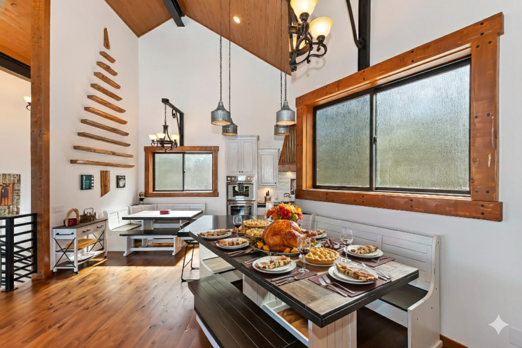 Modern mountain cabin dining room with Thanksgiving table setup at Destination Big Bear