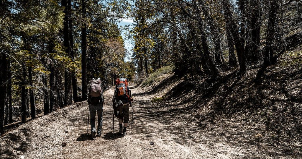 Two people walking along a dirt road surrounded by trees during the Highlander Adventure Event at Big Bear Lake.