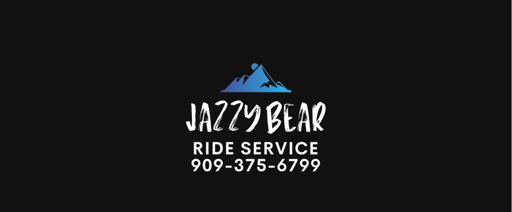 A logo for Jazzy Bear Ride Service, featuring a stylized blue mountain range, the company name in white script, and the phone number 909-375-6799
