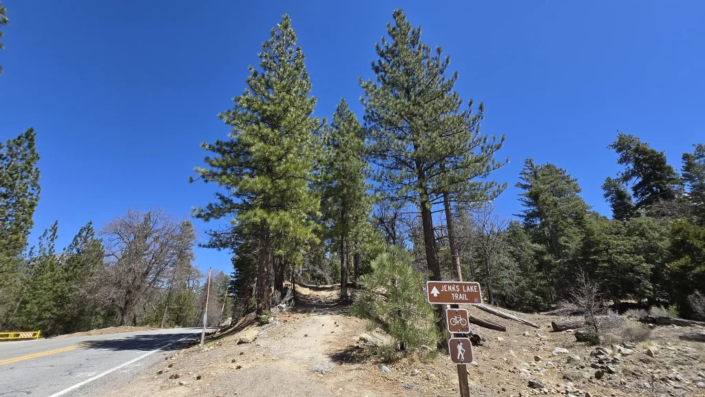 A trail sign for Cougar Crest Trail stands beside a dirt path leading into pine trees in Big Bear.