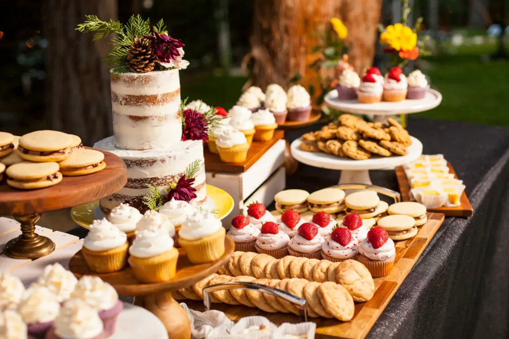 A dessert table with a variety of cakes, cupcakes, and cookies, set up outdoors at Big Bear.