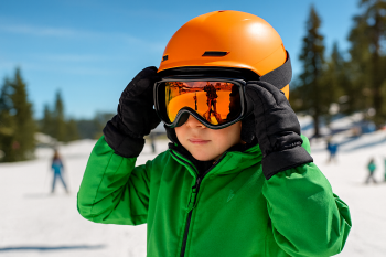 Young child adjusting ski goggles in a bright green jacket before hitting the slopes at Big Bear.