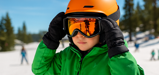 Young child adjusting ski goggles in a bright green jacket before hitting the slopes at Big Bear.