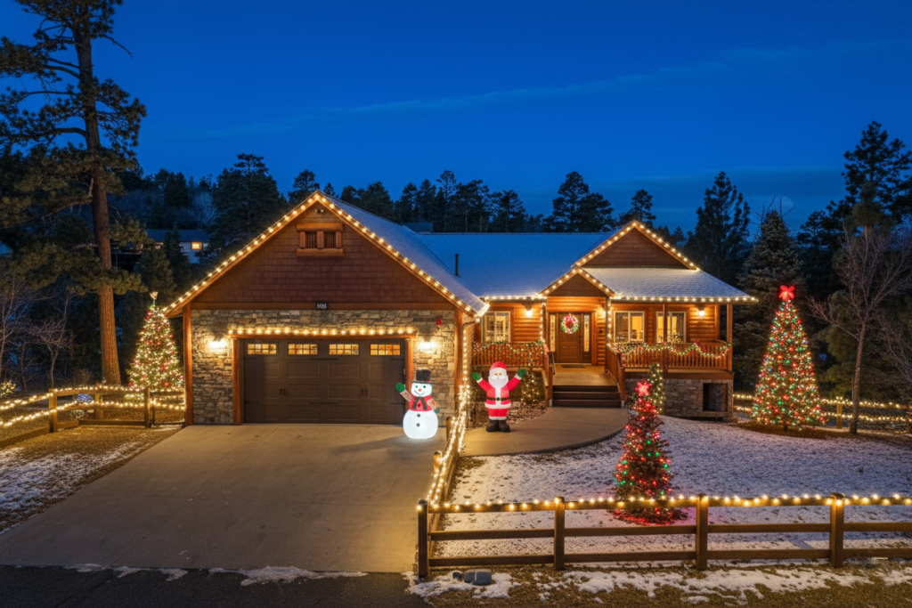 Cabin decorated with Christmas lights, Santa, and snowman at Destination Big Bear