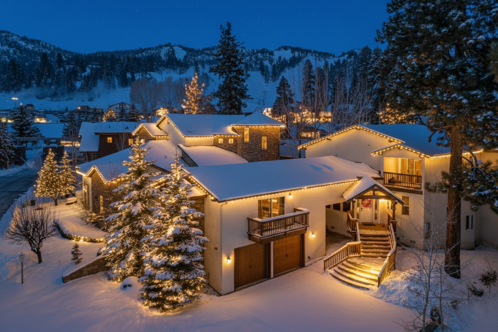 Snow-covered cabin with glowing Christmas lights at Destination Big Bear